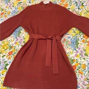 Anthropologie Maeve Rust Ribbed Knit Sweater Dress with Belt